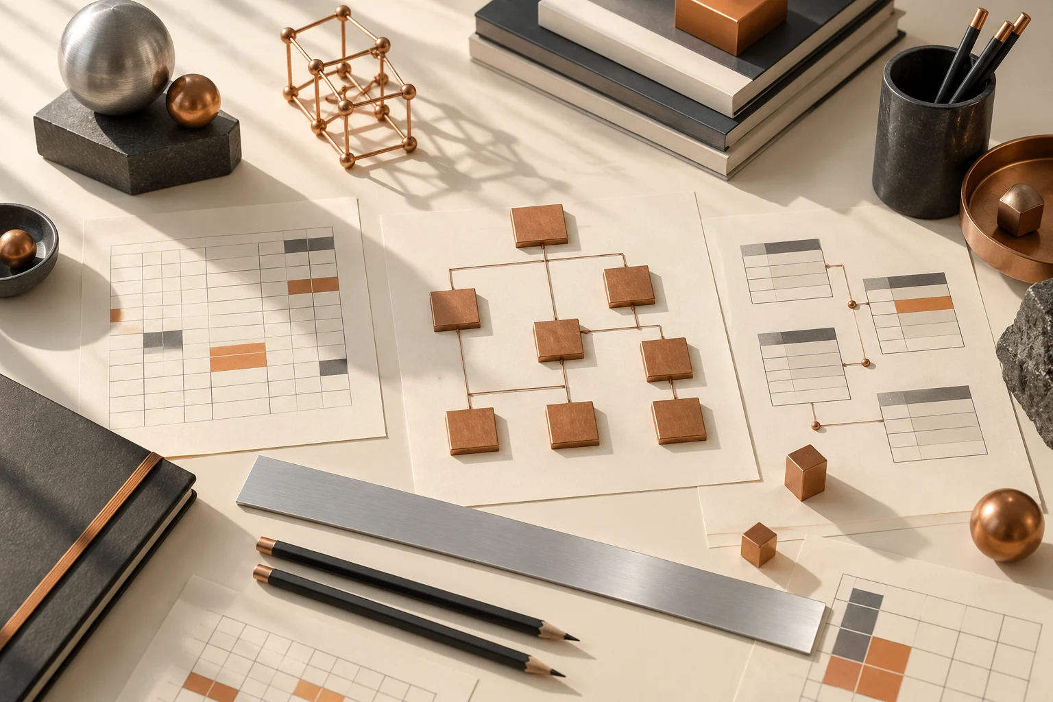 Database study desk with printed tables, copper models and technical notes